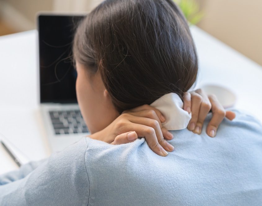 Body muscles hurt stiff, face suffering asian young woman, girl neck ache, body pain while sitting work at home, holding massaging rubbing back, problem health care of office syndrome people concept.